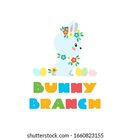 
Bunny Brunch. Little white bunny decorated with flowers. Easter party invitation. Vector 8 ESP.