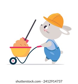 Bunny Builder Character Push Wheelbarrow with Shovel Vector Illustration