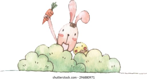 Bunny in bush with carrot