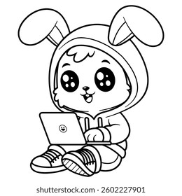 Bunny is busy playing on laptop, for coloring