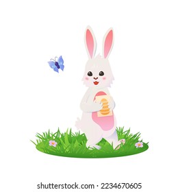 Bunny with a butterfly and an Easter card in its paws. Vector illustration