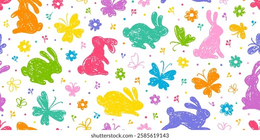 Bunny and butterfly pattern. Easter seamless flower and rabbit crayon vector background. Cute floral pattern with rainbow bunny animal, spring butterfly. Easter baby rabbit design. Watercolor print bg