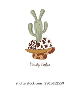 Bunny cactus Ester eggs in cowboy hat vector illustration. Western Easter aesthetic print design. 