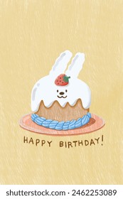 a bunny cake with cream and red strawberry on top with blue cream on plate and on yellow background. illustration birthday card decoration. greeting card for blessing.	