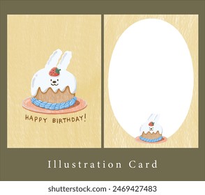 a bunny cake with cream and red strawberry on top with blue cream on plate and on yellow background. illustration birthday card decoration. greeting card for blessing.