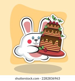 Bunny with a cake vector image, birthday, animals, pastries, sweets, a hare carries a cake, cartoon, postcard, concept.