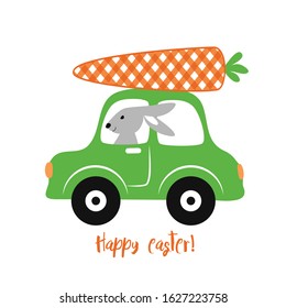 
 Bunny, Car and Buffalo plaid Carrot Easter Design. Cartoon vector illustration. Nursery Art.