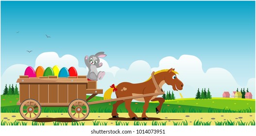 Bunny carries Easter eggs in a cart pulled by a horse. Sunny landscape illustration.