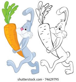 Bunny and carrot. B&W outline illustration