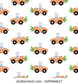 
Bunny carrot car Easter seamless pattern. Cartoon vector illustration. Nursery Art.