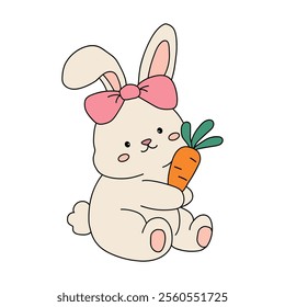 Bunny with carrot clipart vector. Easter bunny coloring pages easter worksheets printable for kids activity, Kindergarten and preschool. Trace and color Easter bunny worksheets.