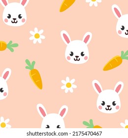 Bunny Carrot Daisy Cute Pattern. Happy Easter. Happy Cute Easter Bunnies. Vector texture white Funny Bunnies