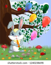 Bunny with a carrot in a forest glade. Spring, love, postcard