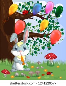 Bunny with a carrot in a forest glade. Spring, love, postcard