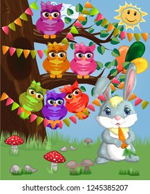 Bunny with a carrot in a forest glade. Spring, love, postcard