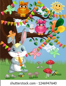 Bunny with a carrot in a forest glade. Spring, love, postcard