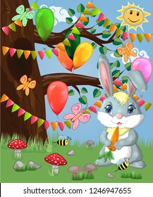 Bunny with a carrot in a forest glade. Spring, love, postcard