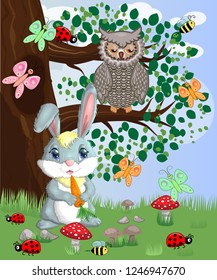 Bunny with a carrot in a forest glade. Spring, love, postcard