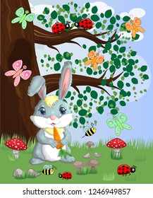 Bunny with a carrot in a forest glade. Spring, love, postcard