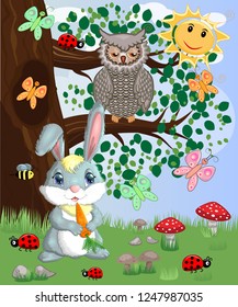 Bunny with a carrot in a forest glade. Spring, love, postcard
