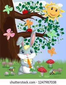 Bunny with a carrot in a forest glade. Spring, love, postcard
