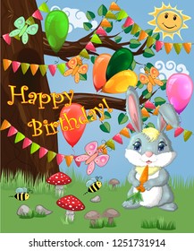Bunny with a carrot in a forest glade. Spring, love, postcard
