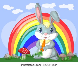 Bunny with a carrot in the meadow near the rainbow. Spring, love, postcard