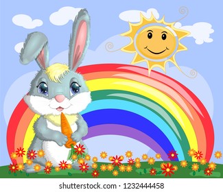 Bunny with a carrot in the meadow near the rainbow. Spring, love, postcard