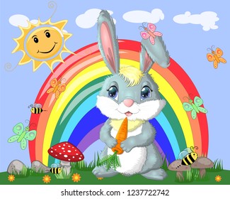 Bunny with a carrot in the meadow near the rainbow. Spring, love, postcard