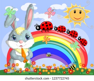 Bunny with a carrot in the meadow near the rainbow. Spring, love, postcard