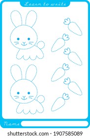 Bunny with carrot. Preschool worksheet for practicing fine motor skills - tracing dashed lines. Tracing Worksheet.  Illustration and vector outline - A4 paper ready to print.