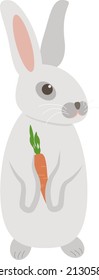 Bunny and carrot vector illustration front view. Cute rabbit with big ears sitting. Easter concept.