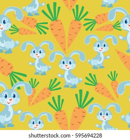 Bunny and carrots. Yellow background. Seamless pattern. Children's cartoon character. Design for textiles, wall hangings, wrapping paper.
