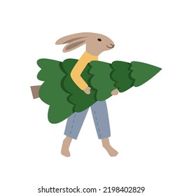 Bunny carrying big xmas pine tree. Merry Christmas and Happy New Year greeting card