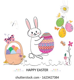 Bunny carrying an easter egg. Colorful Happy Easter greeting card with cute bunny, flowers and hanging eggs vector background