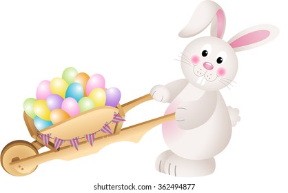 Bunny carrying wheel barrow full with carrots Easter eggs
