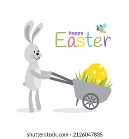 Bunny is carrying wheelbarrow with yellow Easter egg. Rabbit, barrow. Happy Easte card. Flat, cartoon. Isolated vector stock illustration eps 10 on white