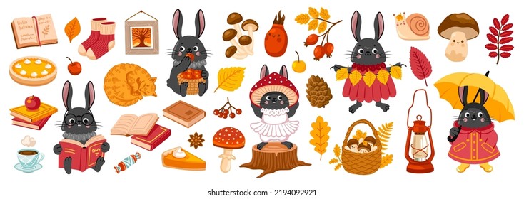 Bunny cartoon character and fall season design elements. Autumn collection. Mushroom, foliage, forest animal. Vector flat illustration.