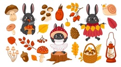 Bunny Cartoon Characters And Autumn Design Elements. Fall Season Set, Forest Collection. Flat Vector Illustration.