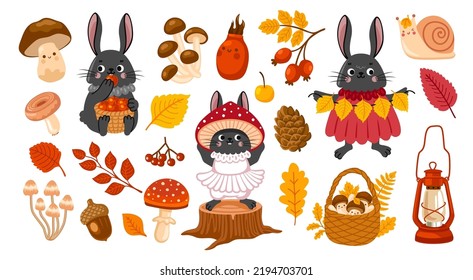 Bunny cartoon characters and autumn design elements. Fall season set, forest collection. Flat vector illustration.