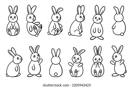 Bunny cartoon illustration set. Black thin vector line art cute animal illustration. Rabbits in different position isolated on white background.