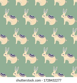 Bunny cartoon pattern - vector simple texture. Seamless pattern for textile, napkins, tablecloths, wrapping paper. Vector flat illustration. Cute rabbit