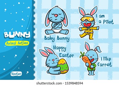 Bunny Cartoon Set. Vector Design of Animal Action