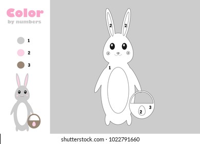 Bunny in cartoon style, color by number, easter education paper game for the development of children, coloring page, kids preschool activity, printable worksheet, vector illustration