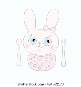 Bunny to cartoon style pastel color. For kids menu, kids cards, invitation or baby shower, newborn symbol, baby food logo, moms web site.