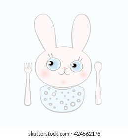 Bunny to cartoon style pastel color. For kids menu, kids cards, invitation or baby shower, newborn symbol, baby food logo, moms web site.