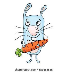 Bunny cartoon, vector hand drawing. Funny painted rabbit with a carrot in the paws, isolated on white background