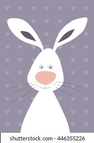 Bunny cartoon vector illustration on purple background with hearts