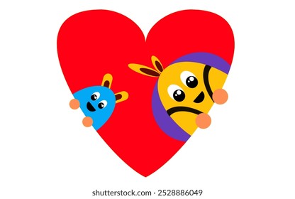 bunny cartoons with bag on red heart shape on white background vector illustration.Faces Vector - Falling in Love - Be my Valentine