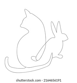 Bunny and cat symbol of next year in one line, popular vector style.